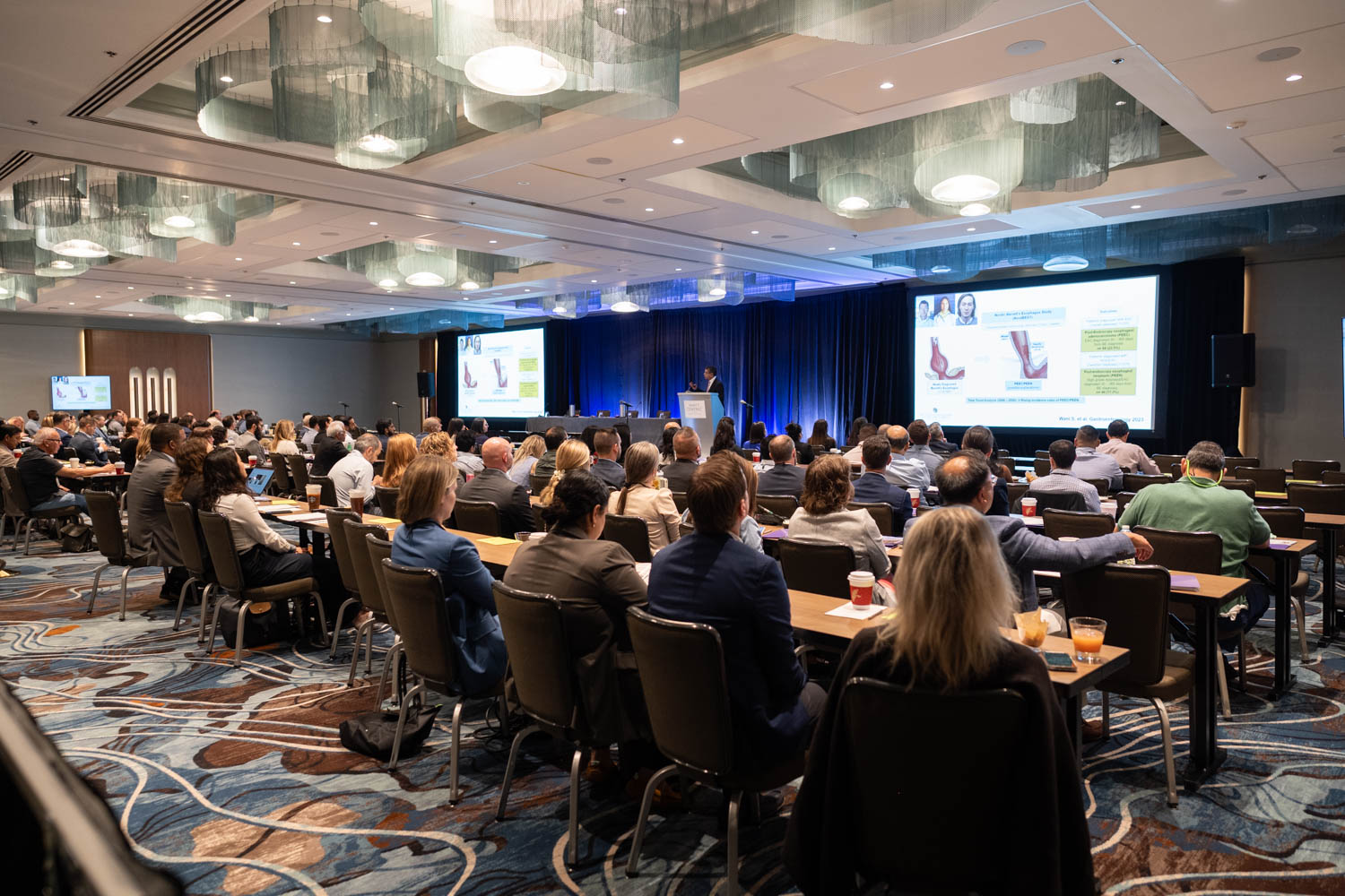 Conference in progress, attendees watching presentation