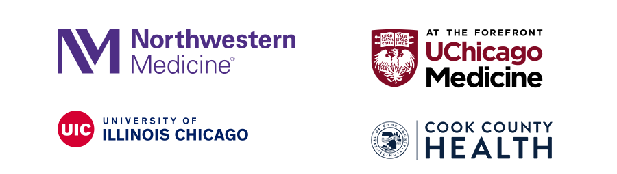 Logos for: Northwestern Medicine, UChicago Medicine, University of Illinois Chicago, Cook County Health